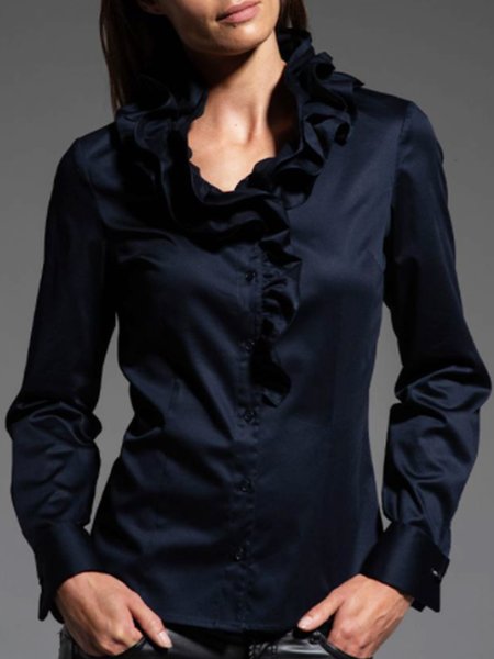 

Regular Fit Ruffle Collar Solid Lady Shirt, Navyblue, Blouses and Shirts
