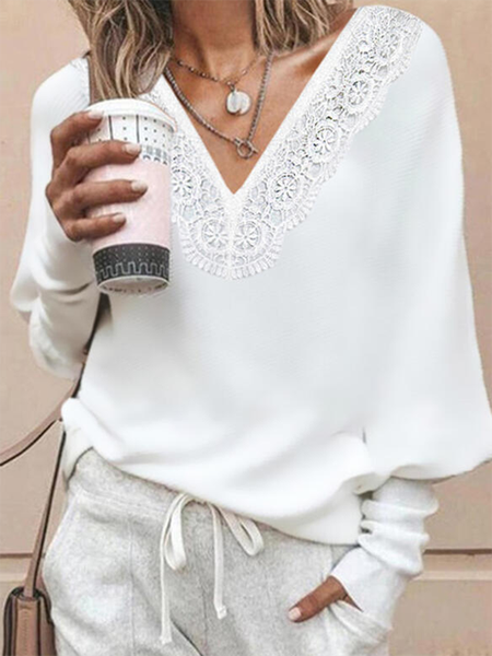 

Solid Casual V Neck Long Sleeve Shirts & Tops, White, T-Shirts