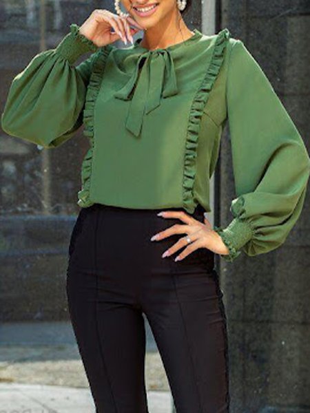 

Elegant Solid Formal Long Sleeve Top, Green, Blouses and Shirts