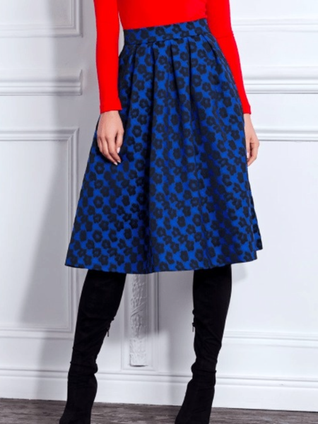 

Fall Loosen Floral Zipper fly Non-Stretch Work Formal Date Skirts, Blue, Midi Skirts