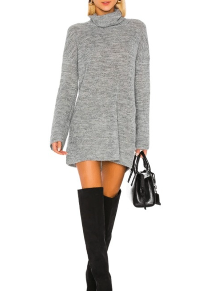 

Fall High Neck Plain Mid-weight A-line High Stretch Long sleeve Dresses, Gray, Mini Dresses