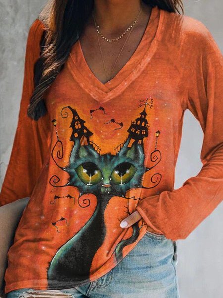 

Cat Animal Casual Regular Fit V Neck T-shirt, Orange, Long sleeve tops