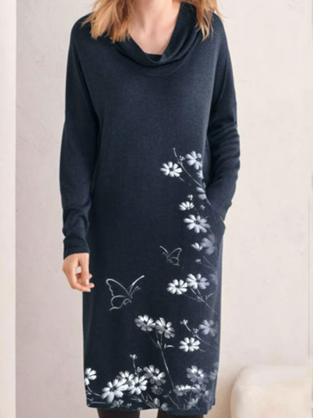 

Swing neck round neck long sleeve basic butterfly print knitted elastic dress, Deep blue, Midi Dresses
