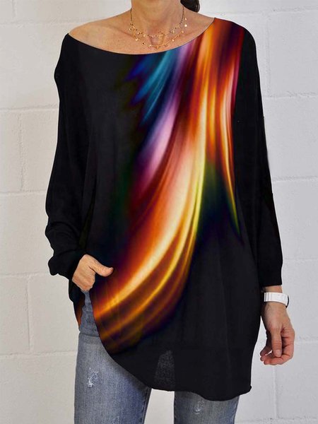 

Casual Long Sleeve Crew Neck Printed Top, Black, Tops