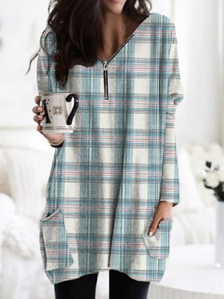 

Grid Loosen Cotton Blends Shirts & Tops, White-blue, Long sleeve tops