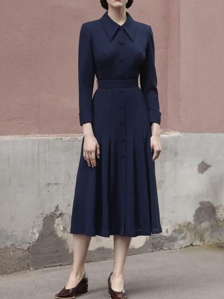 

Shirt Collar Regular Fit Midi Dress, Dark blue, Midi Dresses