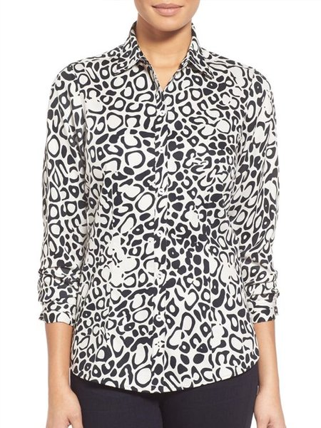 

Leopard Shirt Collar Shirt Sleeve Shirt, Black-white, Blouses and Shirts