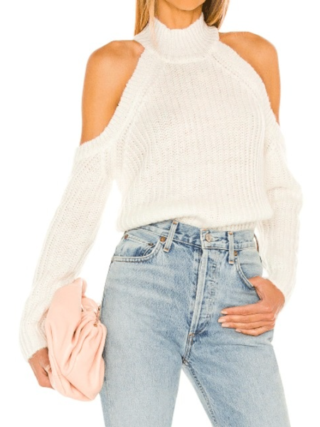 

Fall Plain Lady Stand Collar Mid-weight High Stretch Daily Sweater, White, Pullovers