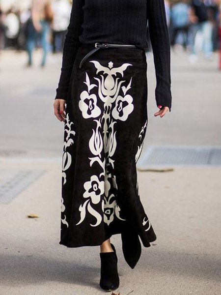 

Abstract Casual Regular Fit Sweater Skirt, Black, Maxi Skirts