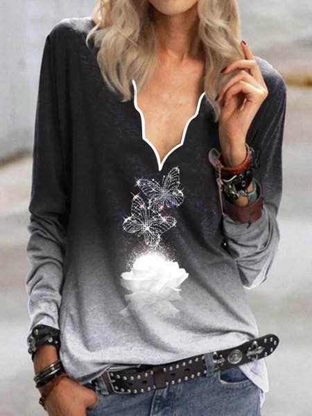 

Floral Shift Casual Cotton-Blend Shirts & Tops, Black, Long sleeve tops