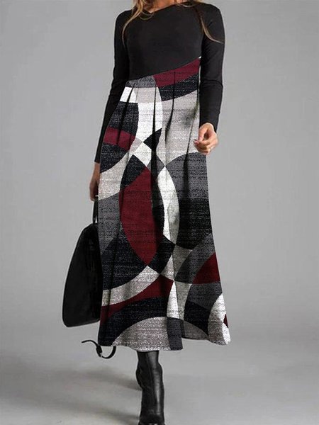 

New women's geometric check round neck a-hem Long Sleeve Dress, Black, Tie dye dress