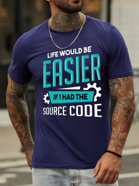 

Funny letter print round neck short-sleeved cotton T-shirt, Blue, T-shirts