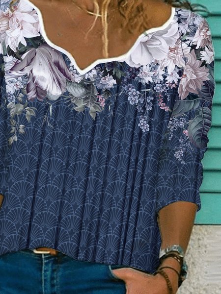 

New women's plant flower print notched collar casual top T-shirt, Dark blue, Tees & T-shirts