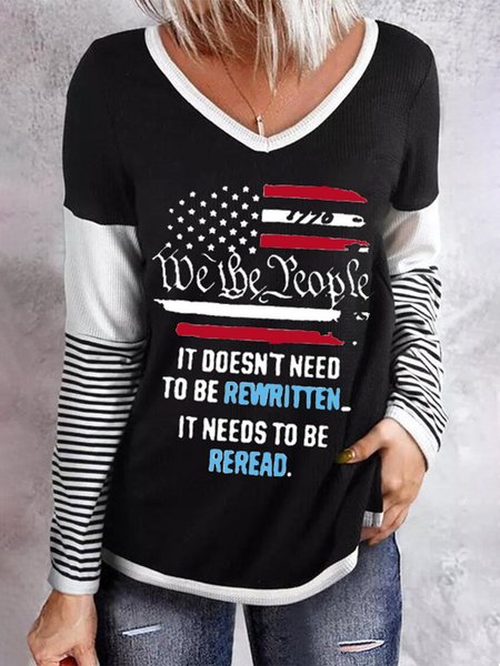 

Vintage Letters Printed Color-block Striped V Neck Long Sleeves Plus Size Casual Tops, Multicolor, T-Shirts