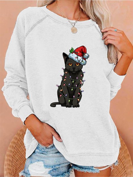 

Christmas Cat Print Casual Sweatshirt, White, Hoodies&Sweatshirts
