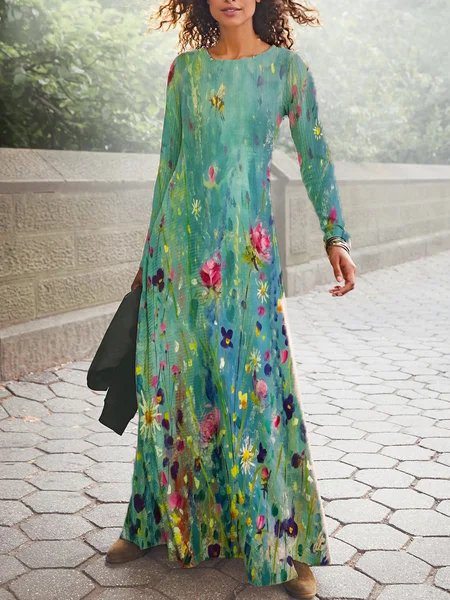 

Crew Neck Casual Cotton Blends Dresses, Green, Floral Dresses