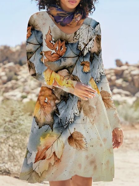 

Casual V Neck A-line Long Sleeve Leaves Dresses, As picture, Mini Dresses