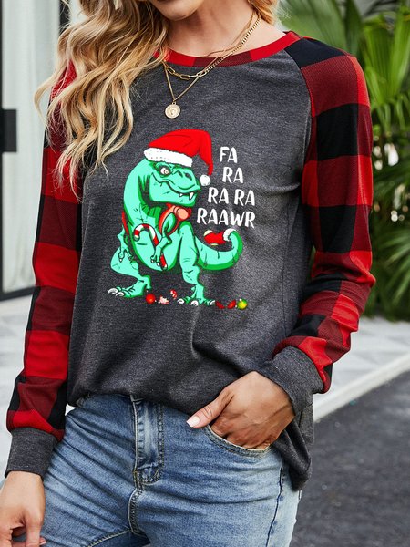 

Funny Holiday T-Rex in Santa Hat FA RA RAWR Christmas Gift Check Sweatshirt, Gray, Long sleeves