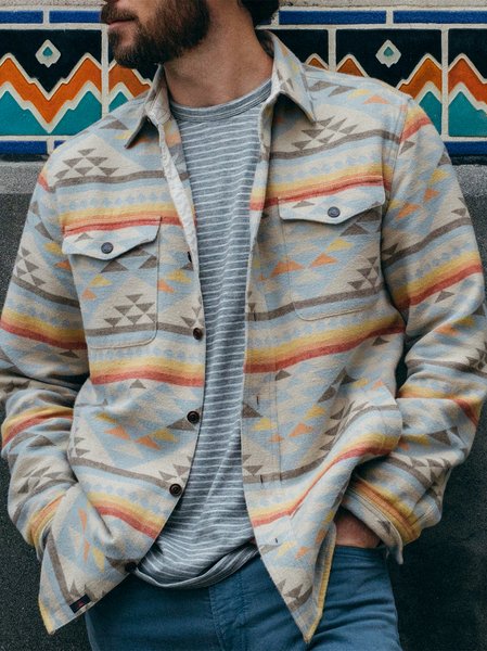 

Print Long Sleeve Lapel Overshirt, Blue, Jackets & Coats