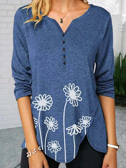 

Flower print Casual V Neck Shirts & Tops, Blue, Long sleeve tops