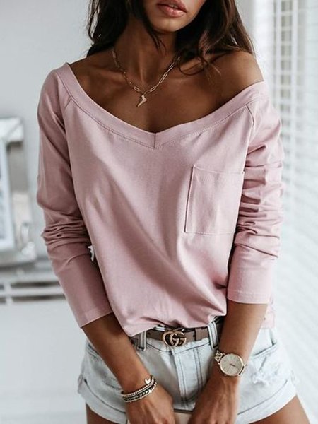 

Solid Cotton Blends Casual Shirts & Tops, Pink, Long sleeve tops