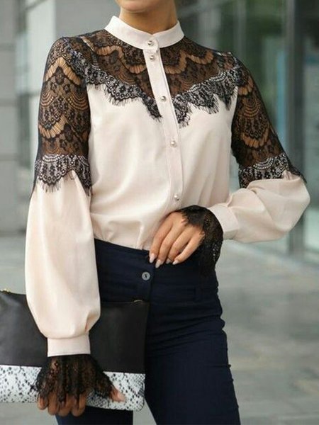 

Long Sleeve Lady Stand Collar Regular Fit Shirt, As picture, Blouses and Shirts
