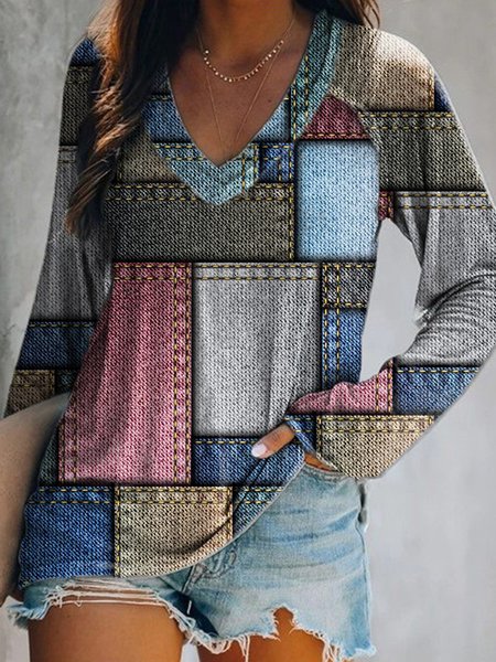 

Stampato Maniche Lunghe Scollo a V Casuale Top, Come immagine, Blouses & Shirts