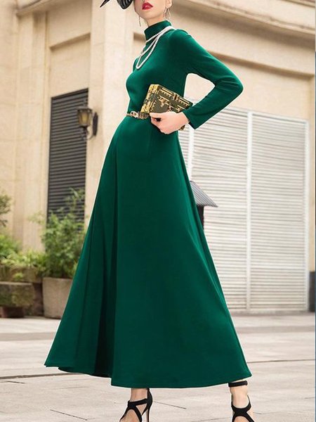 

Elegant Solid Stand Collar A-line Dress, Green, Maxi Dresses
