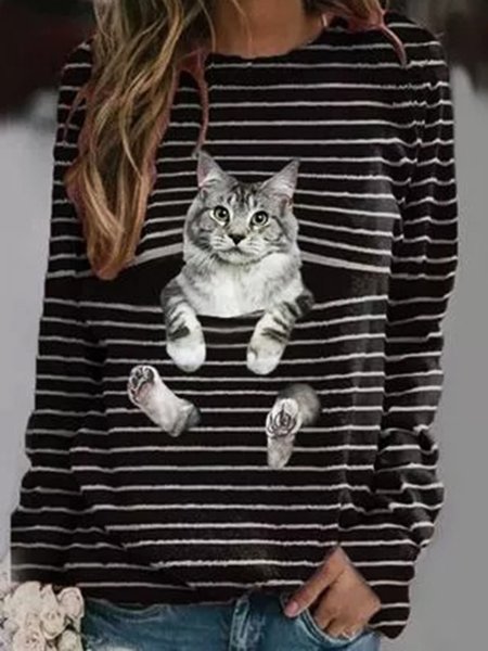 

Black Cat Striped Printed Round Neck Casual Sweatshirt, Hoodies & Sweatshirts