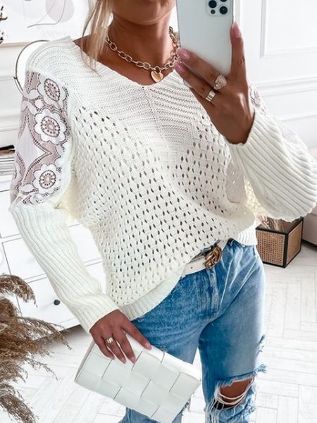 

V-neck panelled lace sweater, White, Sweaters & Cardigans