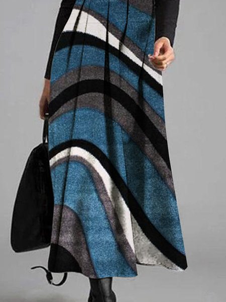 

New women's geometric stripe gradient printed round neck long sleeve knitted elastic dress, Blue, Maxi Dresses