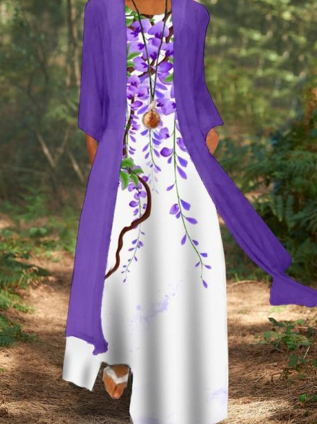 

Chiffon Crew Neck Loosen Suits, Purple white, Maxi Dresses