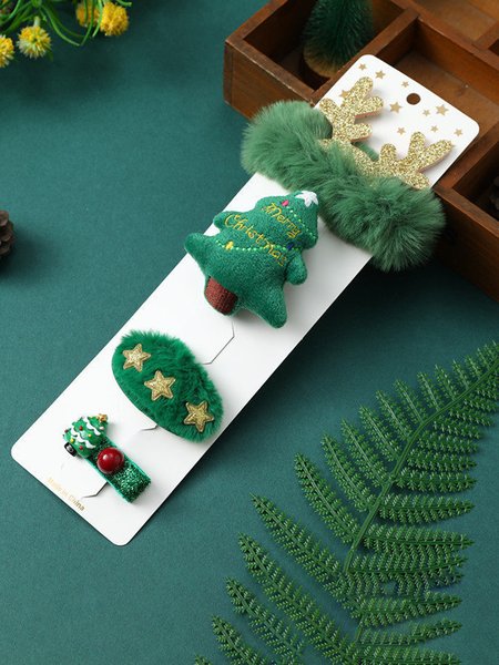 

Christmas Tree Santa Elk Hairpin Hair Tie Brooch 4Pcs, Green, Headdress