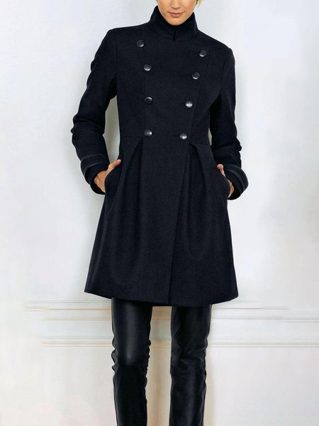 

Long Sleeve Plain Stand Collar Outerwear, Black, Coats