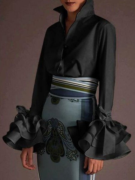 

Elegant Solid Shirt Collar Shirt, Black, Blouses and Shirts