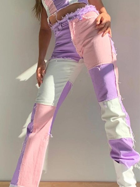 Long Straight Leg Regular Fit Pants, Pink, Jeans