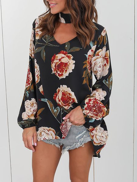 

Allentare Dolce Stampata Floreale Scollo a V Scollato Top, Nero, Blouses & Shirts