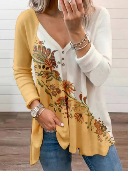 

Floral V-Neckline Long Sleeve T-shirts, Yellow, Tunics