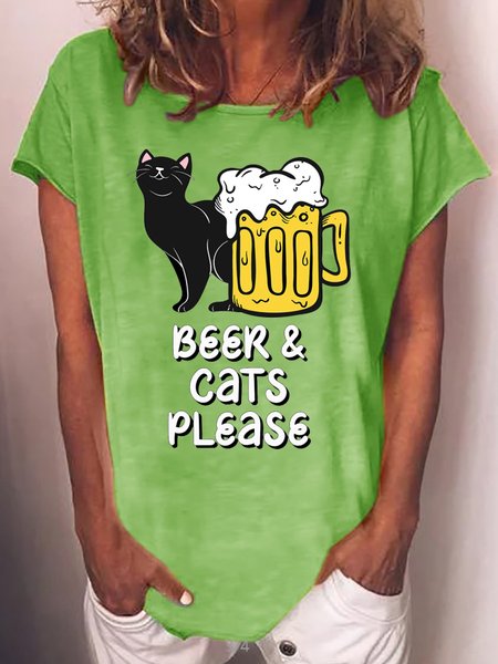 

Funny cat beer print round neck short sleeve T-shirt, Green, T-shirts