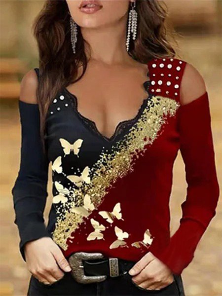 

Vintage Butterfly Printed V Neck Color-Block Long Sleeve Plus Size Casual Tops, Black-red, T-Shirts