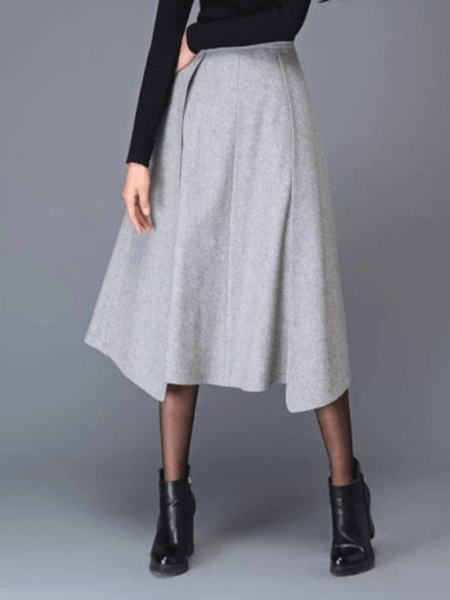 

Fall Loosen Elegant Non-Stretch Mid-weight Work Formal Date Skirts, Light gray, Midi Skirts