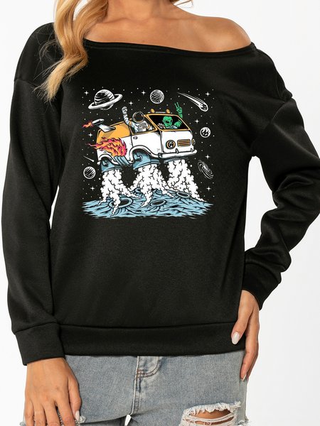 

Unocis Space Astronauts And Aliens Off Shoulder Sweatshirt, Black, Sweatshirts