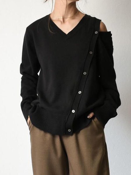 

Long Sleeve V Neck Casual Sweater, Black, Pullovers