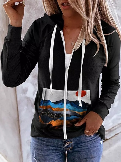 

Landscape Painting Cotton Blends Hooded Outerwear, Black, Jackets