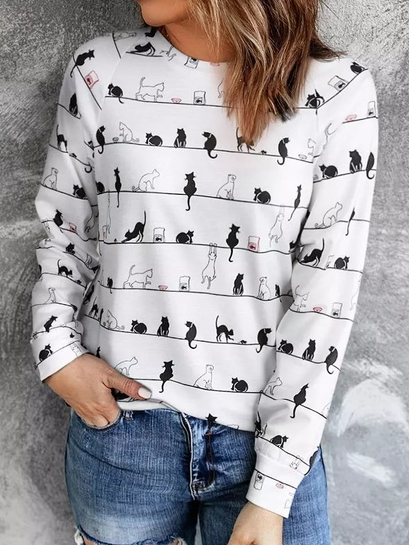 

Loosen Cotton Blends Casual Tops, White, Long sleeve tops