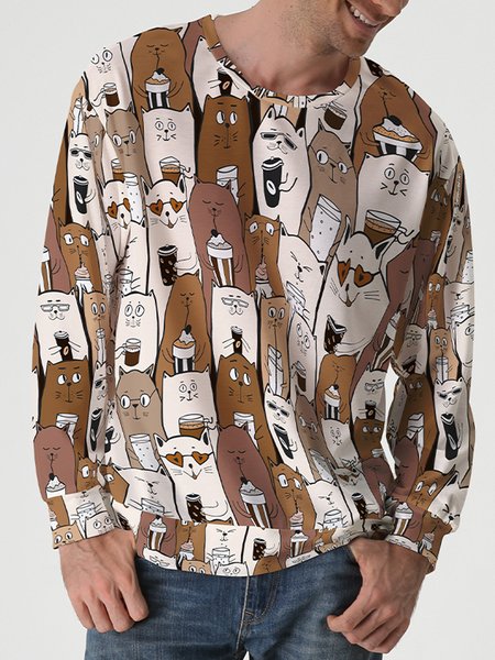 

Cute Cat Crew Neck Long Sleeve Sweatshirt, Khaki, Hoodies&Sweatshirts