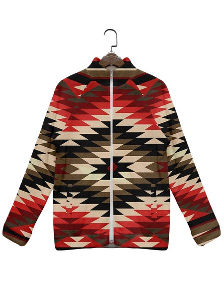 

Stand Collar Fleece Boho Native Pattern Jacket, Red, Jackets & Coats