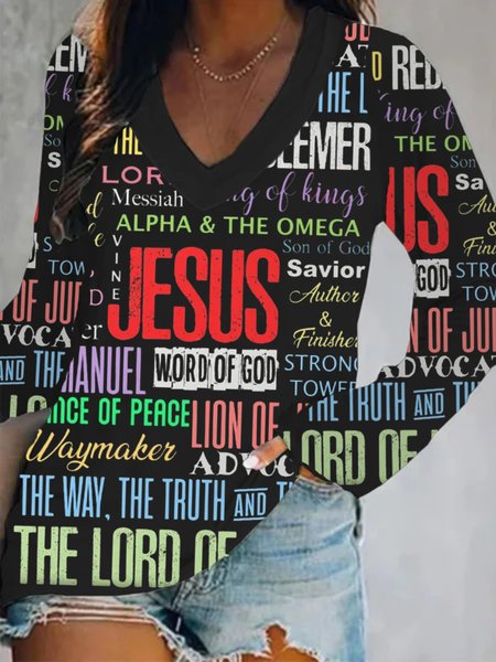 

Casual Long Sleeve V Neck Plus Size Printed Tops T-shirts, Black, T-Shirts