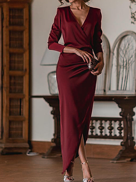 

V neck Regular Fit Long sleeve Elegant Dress, Wine red, Maxi Dresses