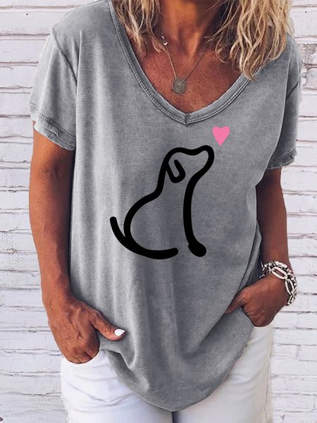 

Casual and simple dog print short-sleeved V-neck T-shirt, Gray, T-shirts